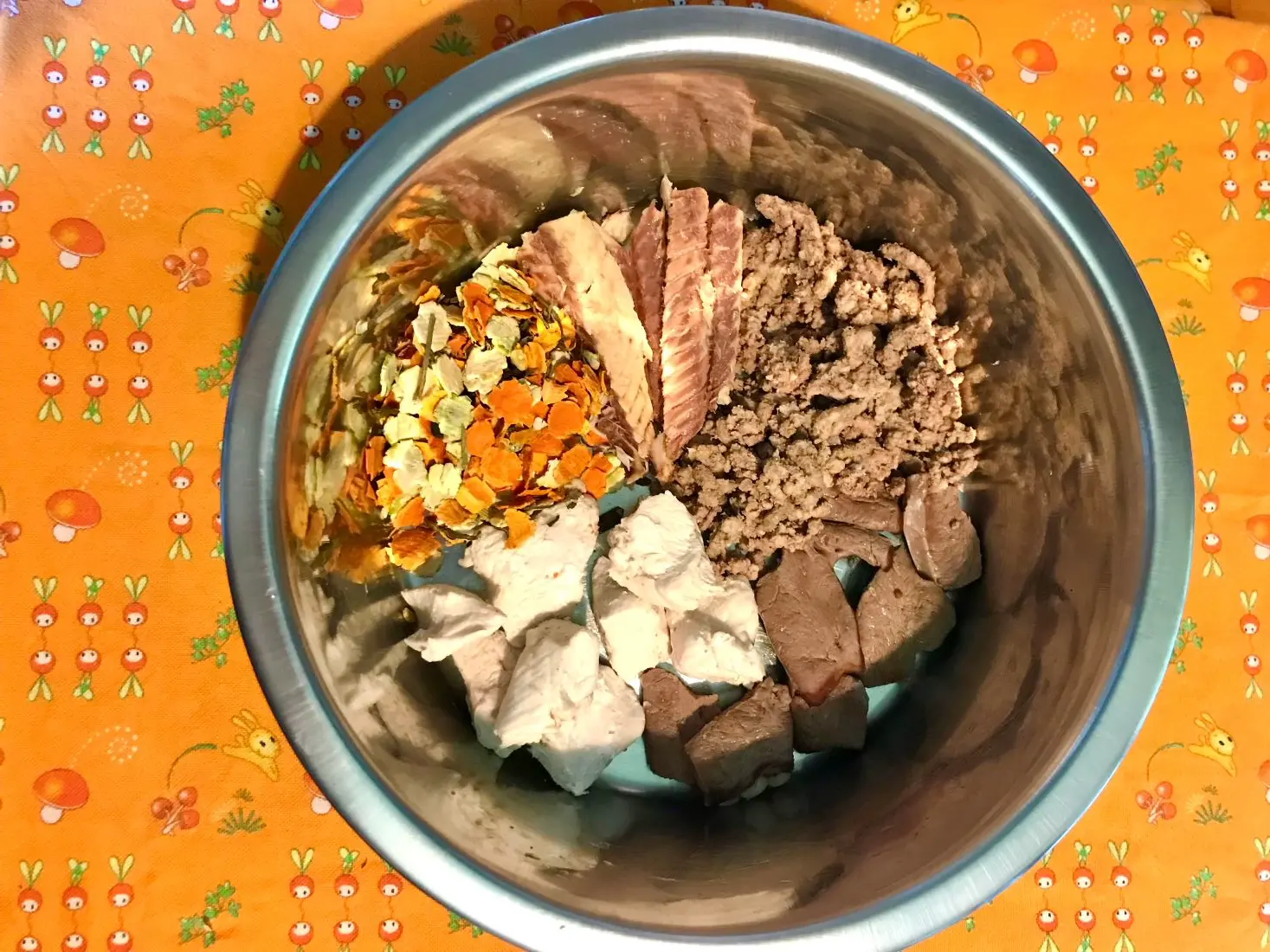 ciotola di alimentazione casalinga per cane, ben assortita negli ingredienti