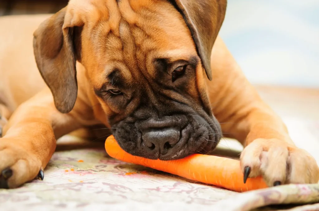 boxer accucciato mangia una carota