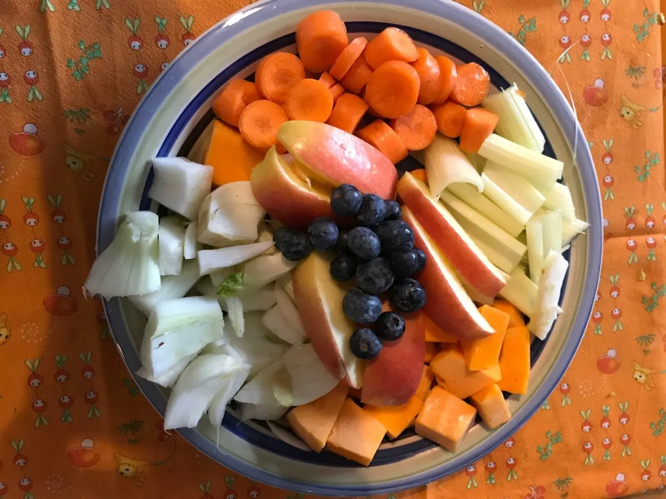 paitto con finocchi, carote, sedano, zucca, mela e mirtilli