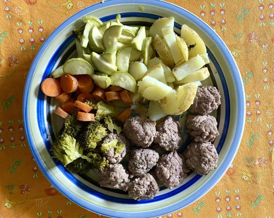 piatto con polpette di manzo, broccoli, patate e carote lessi, pronti per la ciotola del cane