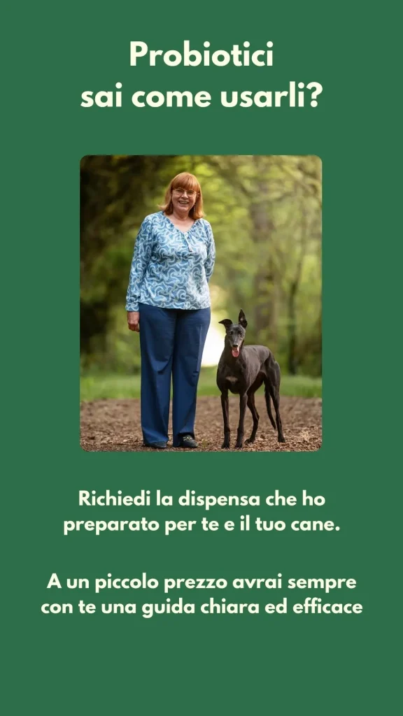 copertina della dispensa Probiotici, con Elena vestita di azzurro e Lady, greyhound nera