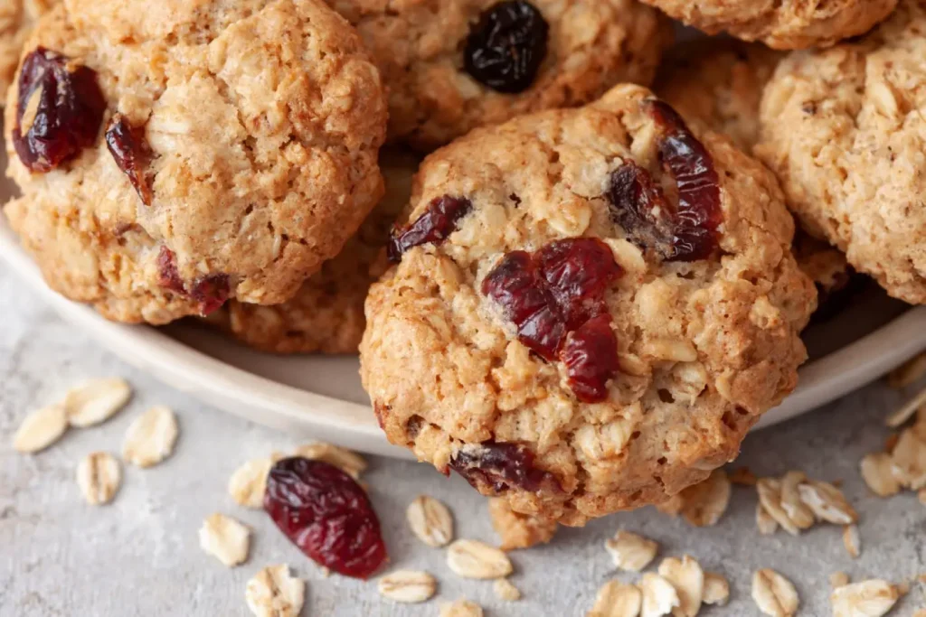 Biscotti ai mirtilli rossi su piatto bianco, con fiocchi avena sul tavolo