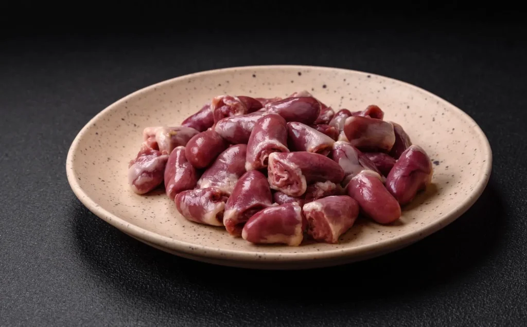 cuori di pollo rosso scuro su piatto di terracotta beige e tavolo nero